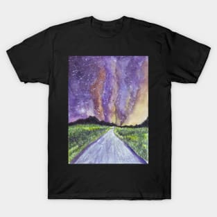 Night road under starry sky watercolor landscape T-Shirt